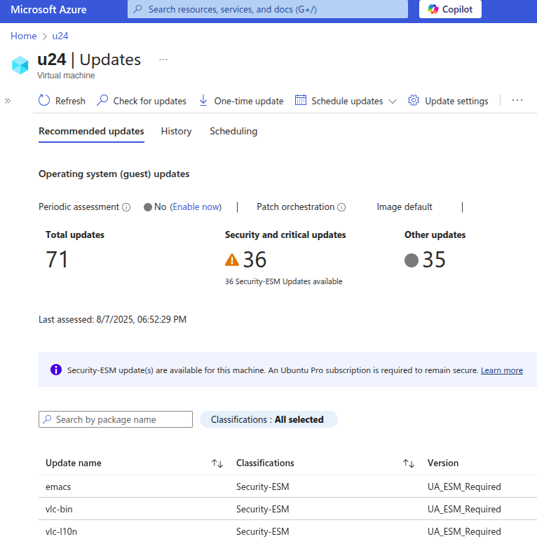Azure Update Manager single VM view