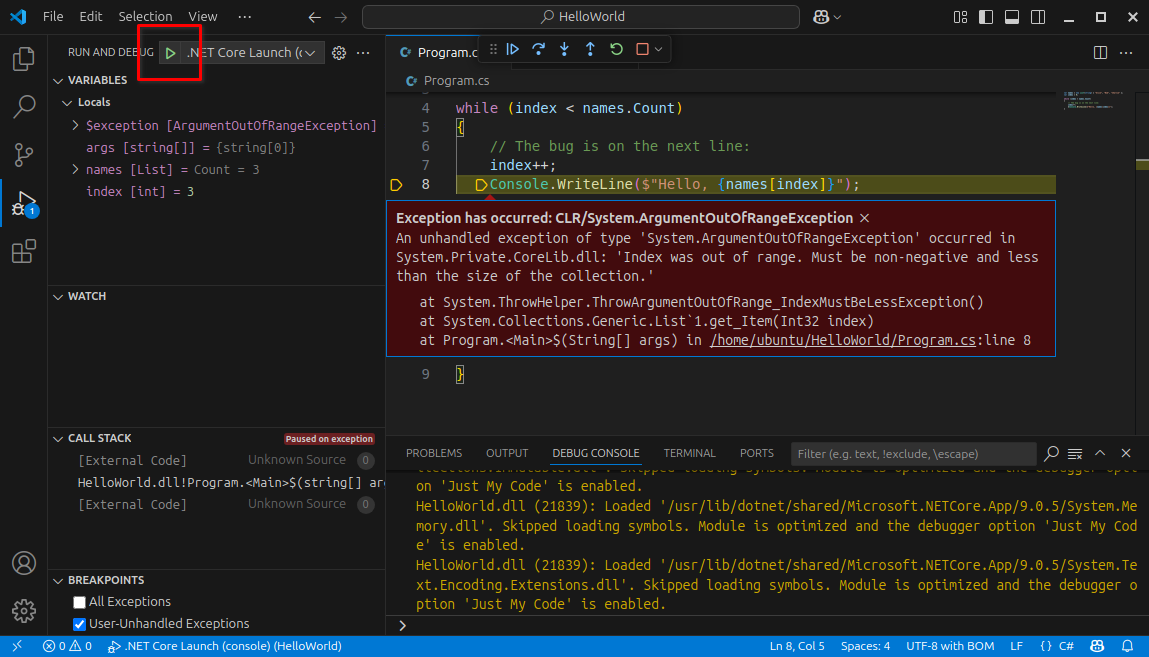 A debugger notification showing an ArgumentOutOfRangeException thrown