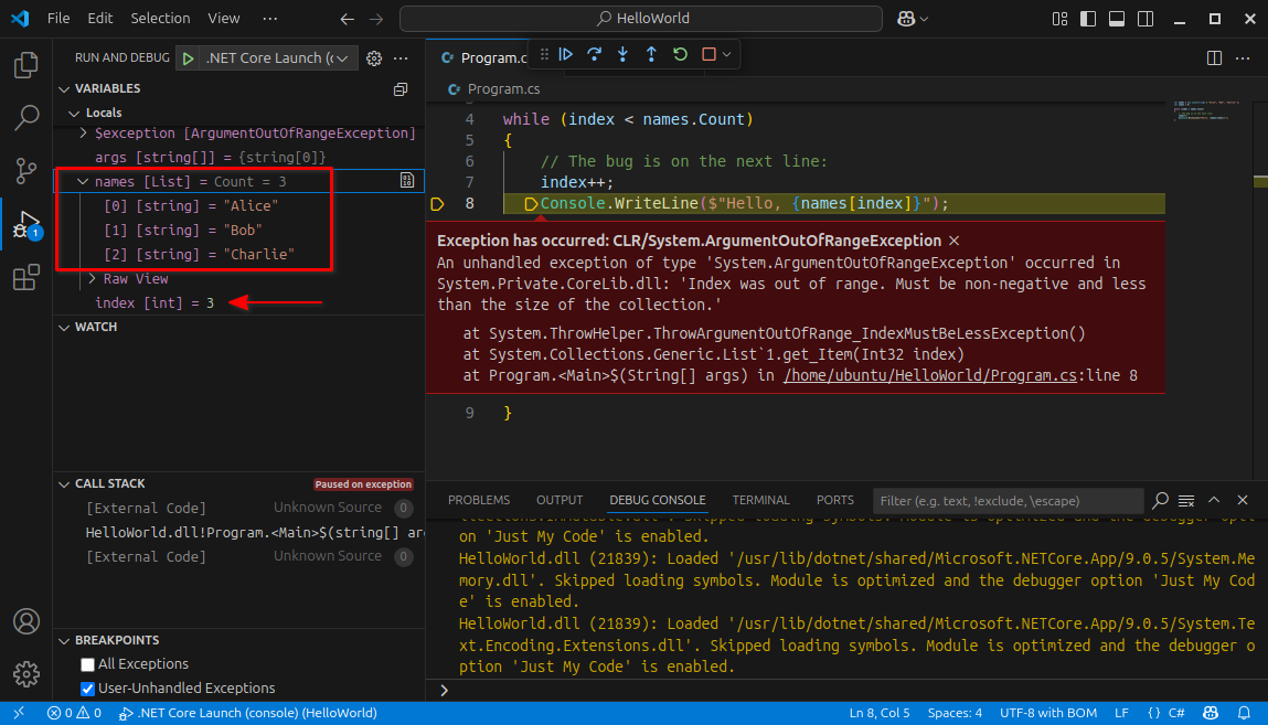 A debugger session highlighting the name variable contains 3 elements and index has value 3