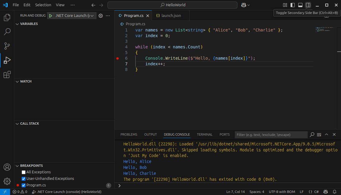 A breakpoint is set on the line that contains the WriteLine function