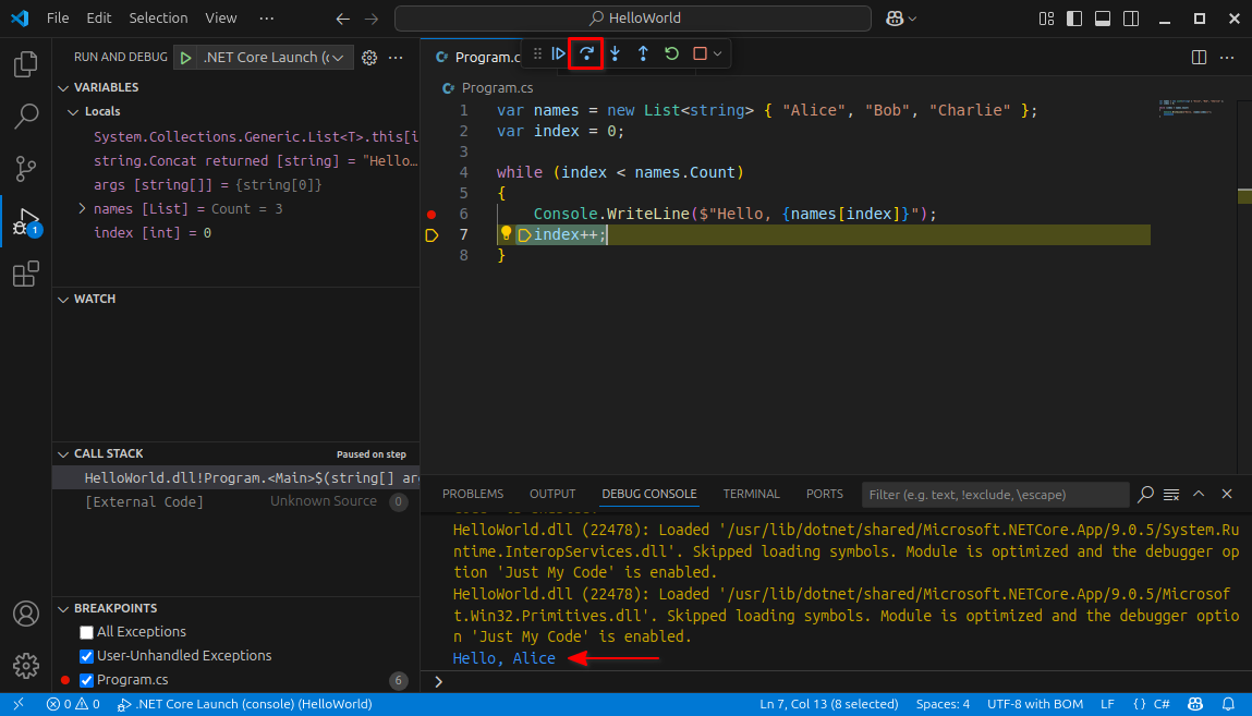 The debugger goes to the next line after stepping over the WriteLine function and printing out "Hello, Alice"