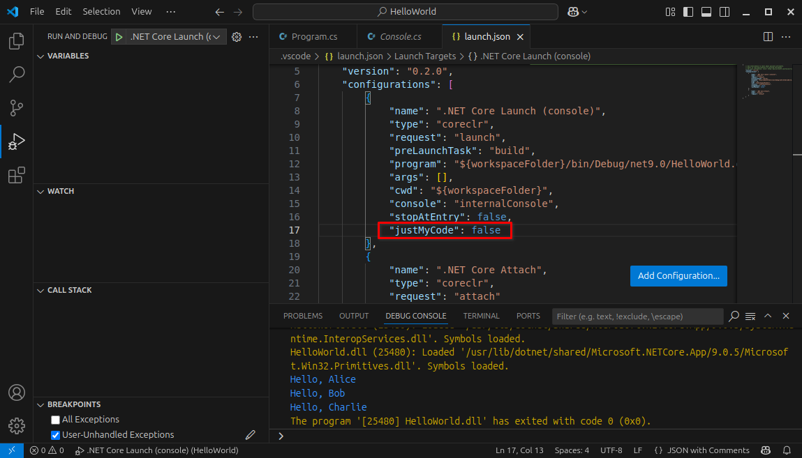 The launch profile is open with the line disabling JustMyCode highlighted