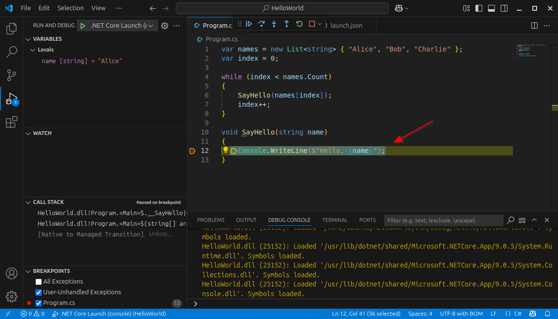 The debugger steps into SayHello and lands in the WriteLine function call