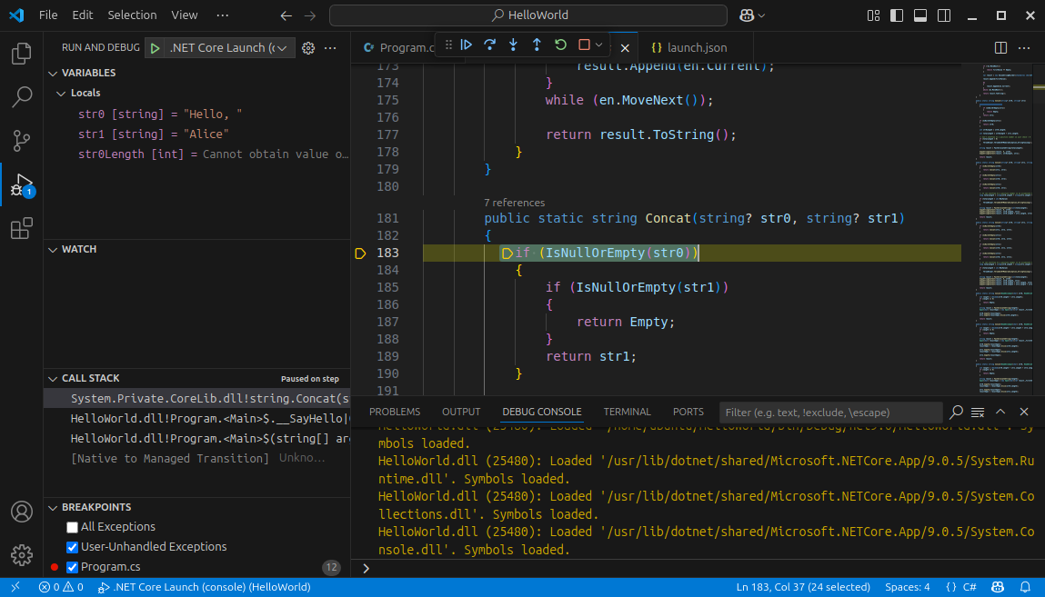The debugger steps into the first line of the Concat function of .NET