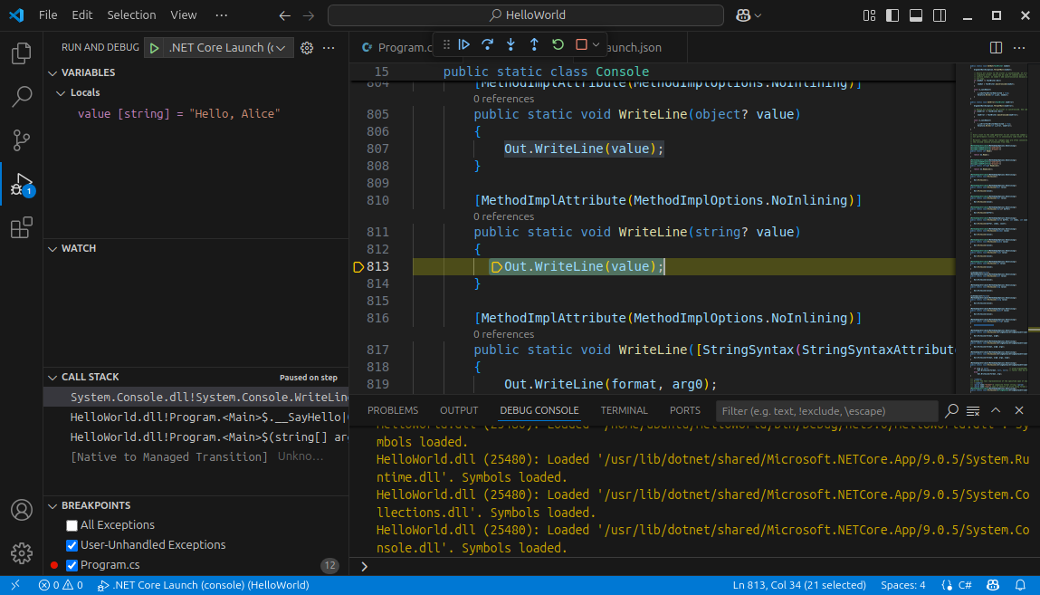 The debugger steps into the first line of the WriteLine function of .NET