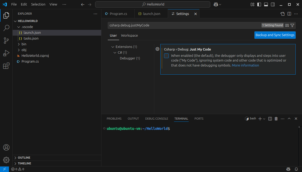 The launch profile is open with the line disabling JustMyCode highlighted