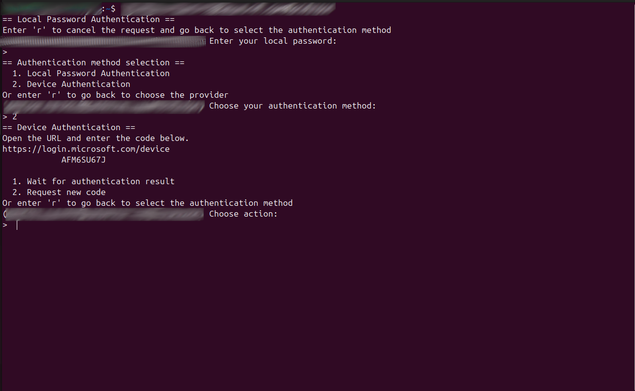 Terminal interface showing option to authentice by login code when user tries to ssh into server