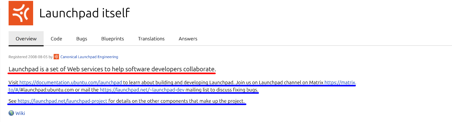 Screenshot showing Launchpad project summary and description.