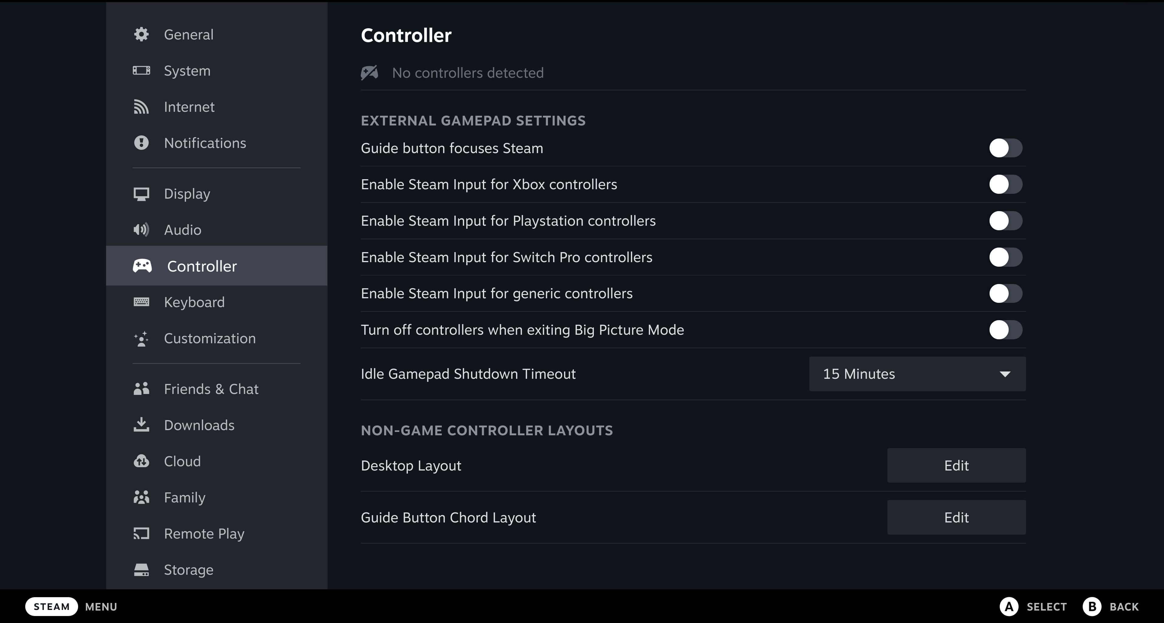 Controller menu in Steam.
