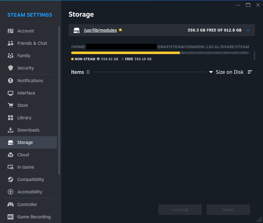 Finding the install directory in Steam storage settings.