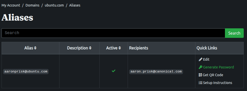 Screenshot of aliases page, with a edit option under quick links