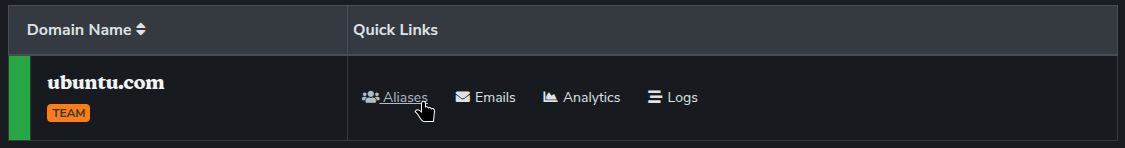 Screenshot of domain names list, showing the ubuntu.com domain with quick links options and aliases option selected